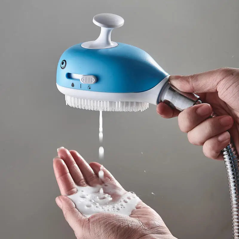 Portable Whale Shower Head for Kids With Soft Silicone Massage Brush