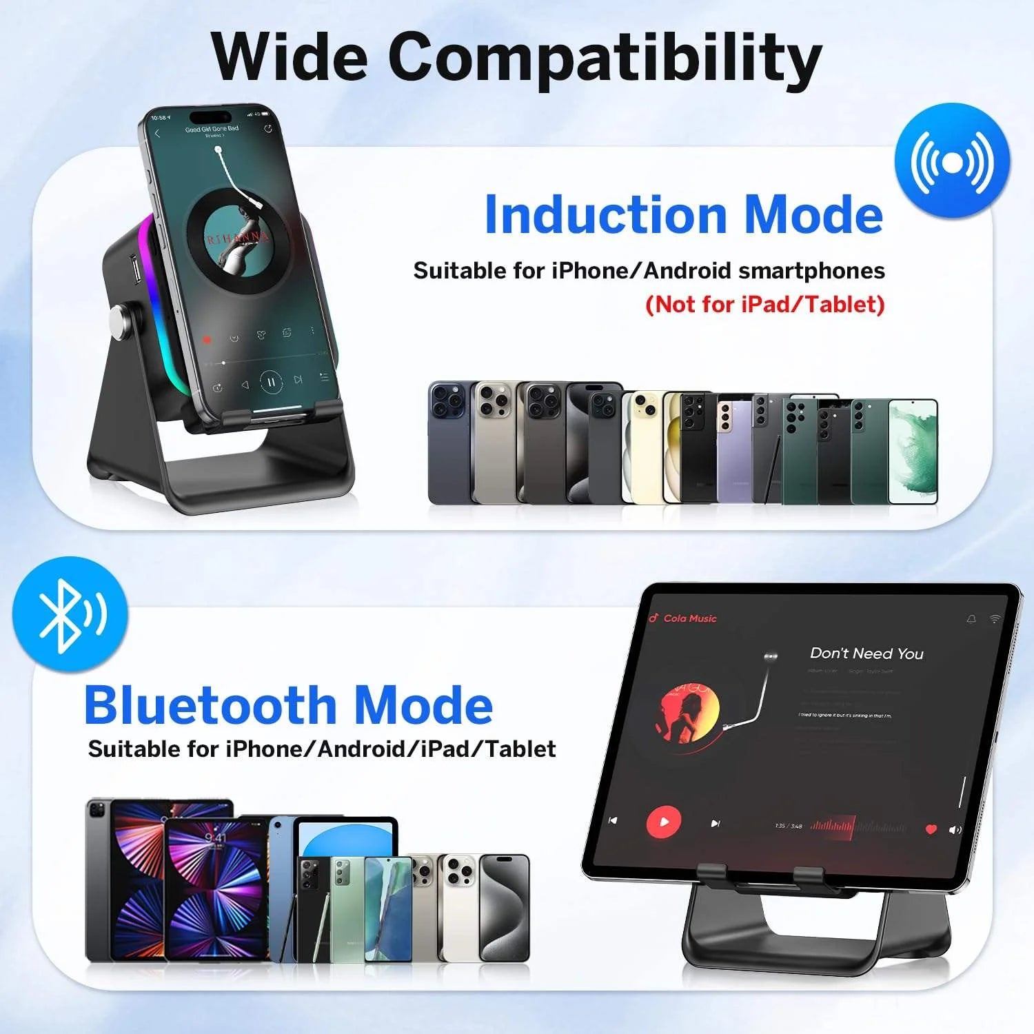 Rechargeable 5-in-1 Bluetooth Speaker with Adjustable Wireless Charging Phone Stand